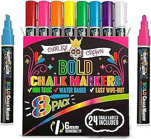 CHALKY CROWN Bold Liquid Chalk Markers - Dry Erase Marker Pens for Chalkboards, Signs, Windows, Blackboard, Glass, Mirrors - Chalkboard Markers with Reversible Tip (8 Pack) - (Multicolored, 6mm)