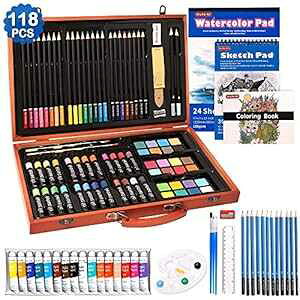 118 Piece Deluxe Art Set, Shuttle Art Art Supplies in Wooden Case, ting Drawing Art Kit with Acrylic t Pencils Oil Pastels Watercolor Cakes Coloring Book Watercolor Sketch Pad for Kids Adults