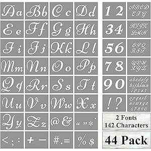REOLAN Letter Stencils for ting on Wood - 44 Pack Alphabet Stencil Templates with Numbers and Signs, Reusable Plastic Stencils in 2 Fonts and 142 Designs for Wood Burning & Wall Art