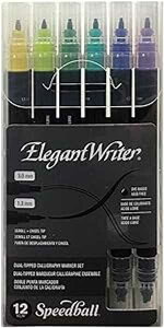 Speedball Elegant Writer Calligraphy 12 Marker Set, Assorted Colors, Dual-Tipped, 1.3 mm & 3.0 mm Chisel and Scroll Nib Pens for Drawing, Journaling, and Scrapbooking