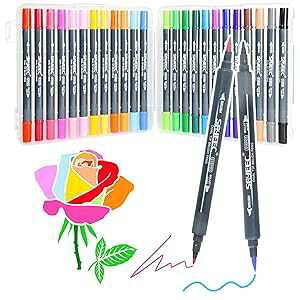 SAYEEC Watercolor Dual Brush Pens 24 Colors Art Coloring Markers Fine and Brush Tip Drawing Pens Artist Colored Markers for Adult Coloring Books Doodling Bullet Journaling Hand Lettering Calligraphy
