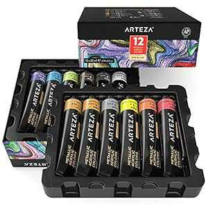 ARTEZA Metallic Acrylic t, Set of 12 Colors/Tubes (22 ml, 0.74 oz.) with Storage Box, Rich Pigments, Non Fading, Non Toxic ts for Artist, Hobby ters & Kids, Ideal for Canvas ting