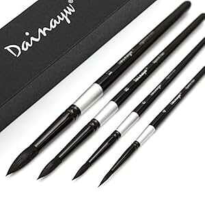Dainayw Round Watercolor t Brushes 4Pcs Squirrel Hair Professional Brush for Artist ting Watercolors, Acrylics, Inks,Gouache and Tempera, Black Handle