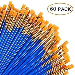 UPINS フラットペイントブラシ60本セット ナイロン毛付き 小さなブラシバルク ミニチュアディテールペインティング用 短いプラスチックハンドル アーティストアクリルオイル水彩ファインア