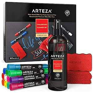 Arteza Chalkboard Cleaner Set with 12 Assorted Color Chalk Markers, Magnetic Eraser, 10-Ounce Cleaner & Microfiber Fabric Towel for Blackboards, Chalkboards, and Menu Boards