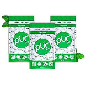 PUR Gum Aspartame Free Chewing Gum 100% Xylitol Natural Spearmint Flavored Gum, 55 Pieces (Pack of 3)