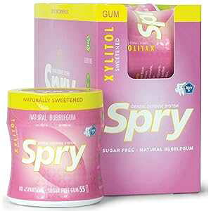 Spry Fresh Natural Xylitol Stronger Longer Chewing Gum Dental Defense System Aspartame-Free Sugar Free Gum (Bubble Gum, 55 Count - Pack of 6)