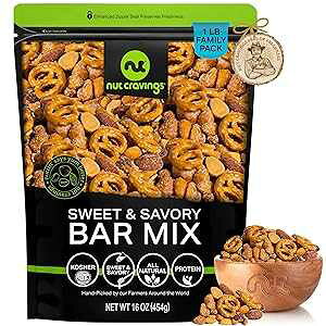 NUT CRAVINGS - Party Bar Nut Mix, Sweet & Savory Pub Snack - Smoked Almonds, Pretzels, Toffee Peanuts, Spicy, Honey Roasted Peanut (16oz - 1 LB) Packed Fresh in Resealable Bag - Food Assortments