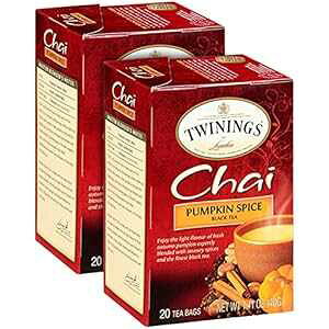 Twinings Pumpkin Spice Chai Tea, Caffeinated Black Tea Naturally Flavored with Aromatic Spices and Ginger, Tea Bags Individually Wrapped, 20 Count Ea (Pack of 2)