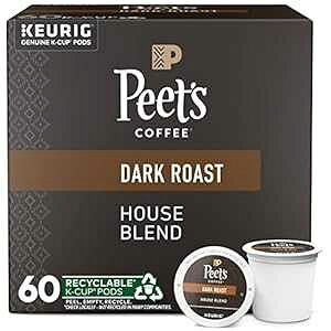 Peet's Coffee�A�L���[���O�������p�_�[�N���[�X�g K �J�b�v �|�b�h - �n�E�X �u�����h 60 �J�E���g (K �J�b�v �|�b�h 10 ���� 6 ��) Peet's Coffee, Dark Roast K-Cup Pods for Keurig Brewers - House Blend 60 Count (6 Box