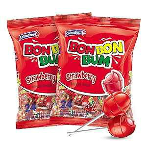 Colombina Bon Bon Bum Lollipops w/Bubble Gum Center, Strawberry Flavor, Individually Wrapped, Ideal for Party Favors and Gifts, 2 Pack (48 Count) Colombina Bon Bon Bum Lollipops w/Bubble Gum Center, Strawberry Flavor