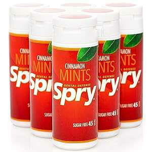 Spry Xylitol Cinnamon Mints Sugar Free Candy - Breath Mints That Promote Oral Health, Dry Mouth Mints That Increase Saliva Production, Stop Bad Breath, 45 Count (Pack of 6)