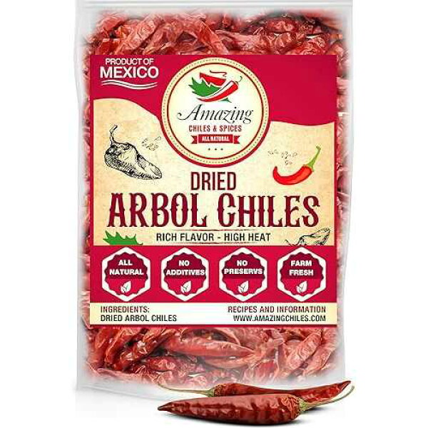 Amazing Chiles & Spices Chile De Arbol 4oz - Dried Whole Red Chili Peppers, Premium All Natural Stemless, Resealable Bag. Use in Mexican, Chinese and Thai Dishes. Spicy Hot Heat Full of Flavor