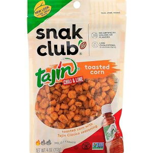 Snak Club Tajin Toasted Corn, Roasted Corn Nuggets with Chili and Lime Seasoning, Mild, Non-GMO, Gluten-Free, Kosher Snack, No Artificial Colors or Flavors, 4 oz Resealable Bags, 6 Pack
