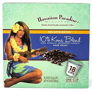 Hawaiian Paradise Coffee 10% Kona Dark Roast Decaffeinated -18 Count Single Serve Cups - Dark & Bold Flavor - Decaf - Compatible with Keurig K-Cup Brewers