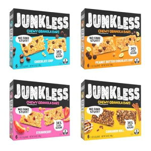 JUNKLESS Chewy Granola Bar 4-Flavor Variety Pack (24 Bars)-Non-GMO, Gluten-Free, Less Sugar Snack Bars- Chocolate Chip, Peanut Butter Chocolate Chip, Cinnamon Roll & Real Strawberry, 4 Boxes JUNKLESS Chewy Granola Bar