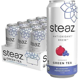 Steaz - Organic Green Tea - Blueberry Pomegranate (12 Pack) - Brew - 65mg Natural Caffeine, 90 Calories, Vitamin C - Cane Sugar Sweetened Iced Tea - Vegan - 12 Cans, 16 fl oz (473mL)