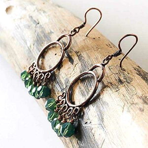 ���̃t�[�v�C�������O�A�O���[���N���X�^�����Ԃ牺����V�����f���A�A�ޏ��̃W���G���[�ւ�7���N�L�O�M�t�g Simple Graces Jewelry Copper Hoop Earrings, Chandelier with Green Crystal Dangles, 7th Anniversary Gift 