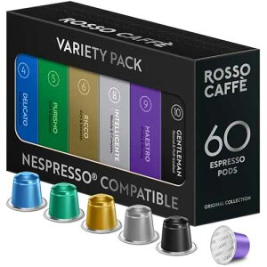 ROSSO CAFFE 60 Espresso Coffee Pods for Nespresso Original Machines - Premium Capsule Sampler Variety Pack 6 Flavors, Rich Breakfast to Intense Roasts ROSSO CAFFE ROSSO CAFF 60 Espresso Coffee Pods for Nespresso Origina
