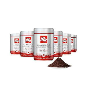Illy Ground Espresso Coffee, Classico Medium Roast - Mild & Balanced - 100% Arabica - Pre-Ground for Espresso - Pressurized Packaging Sealed for Freshness -8.8oz (Pack of 6)