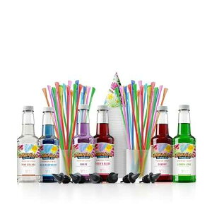 Hawaiian Shaved Ice Syrup Assortment with 6 - 16oz Bottles, 50 Snow Cone Cups, Spoon Straws, and Pouring Spouts. Flavors: Tiger's Blood, Pina Colada, Blue Raspberry, Grape, Cherry, Lemon-Lime Hawaiian Shaved Ice S