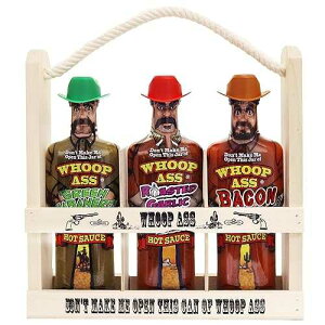 WHOOP ASS Premium Bacon, Green Habanero, and Roasted Garlic Hot Sauce Gift Set Wooden Crate - Try if you dare! - Perfect Gourmet Fathers Day Gift for the Hot Sauce Fan WHOOP ASS Premium Bacon, Green Habanero, and