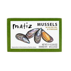 Matiz Espana Mussels in Extra Virgin Olive Oil & Apple Cider Vinegar / 3.92 oz. - 1 Pack / Handcrafted in Galicia, Spain / Sustainably Cultivated Mussels with Spices / Matiz Espa a Mussels in Extra Virgin Olive Oil