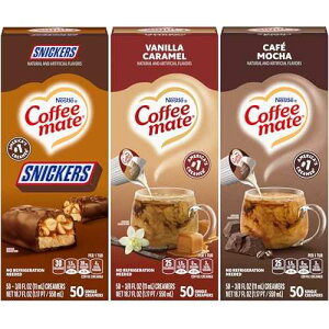 Nestle Coffee mate Liquid Coffee Creamer Singles Variety Pack, Snickers, Vanilla Caramel, Cafe Mocha, 50 Ct Box (Pack of 3)