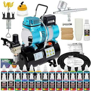 Master Airbrush Cool Runner II Dual Fan Air Tank Compressor System Deluxe Kit with Gravity Feed Airbrush, 24 Color Acrylic Paint Artist Set, Hose, Holder, Cleaning Pot, Mixing Cups Sticks How-To Guide