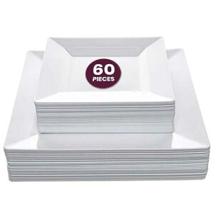 Aya's 60ct Square Plastic Disposable Plates, White - 9.5-Inch 30 Dinner and 6.5-Inch 30 Salad Plates for Party - Heavy-Duty Hard Plastic Design for Wedding, Event, Christmas, and Thanksgiving Aya's Cutlery Kingdom Aya