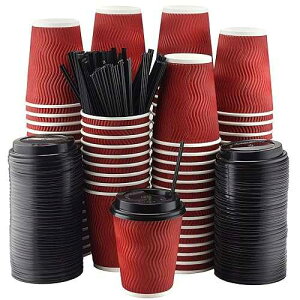 NYHI Pack of 100 12 oz Red Paper Cups with Black lids Coffee Cups Disposable BPA Free Insulated Ripple Kraft Paper Cups To go Cups for Hot or Cold Drinks Office Home Canteen Party Travel