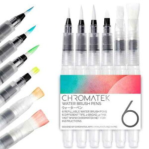 Chromatek AquaPens. Set of 6 Refillable Aqua Watercolor Brushes with Nylon Tips. Easy Water Brush Pens for Painting. Blending & Calligraphy. Includes Online Video Tutorials & Templates