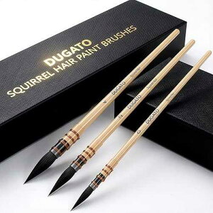 Professional Real Squirrel Hair Watercolor Brushes Set by DUGATO - Natural Mop Round Paintbrushes for Fine Detail, Gouache, Acrylic, Oil & Wash Painting (3 Brushes) Professional Real Squirrel Hair Watercolor Brushes Se