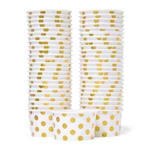 MATICAN Paper Ice Cream Cups - 50-Count 5.5-Oz Disposable Dessert Bowls for Hot or Cold Food, 5.5-Ounce Party Supplies Treat Cups for Sundae, Frozen Yogurt, Soup, Gold Foil Polka Dots
