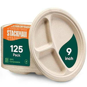100% Compostable, 3 Compartment, Disposable Paper Plates [125-Pack] - {PFAS Free} - {BPA Certified} - [9 Inch] Heavy Duty Biodegradable Bagasse Sectional Lunch Trays + Dividers - Divided Platte Tray Stack Man 100