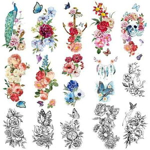 Yazhiji 15 sheets large Sexy waterproof Temporary Tattoos for Men Women Flowers Collection (19X9 CM)