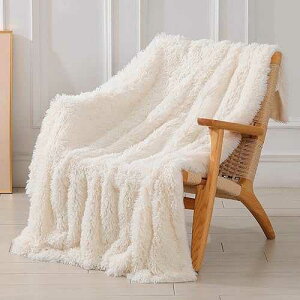 Tuddrom Decorative Extra Soft Fuzzy Faux Fur Throw Blanket 50 x 60,Solid Reversible Long Hair Shaggy Blanket,Fluffy Cozy Plush Comfy Microfiber Fleece Blankets for Couch Sofa Bedroom,Cream White