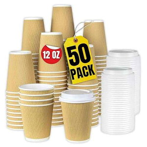 1InTheHome 12 oz Coffee Cups With Lids Disposable Insulated Ripple Wall Paper Coffee Hot Cups (50 Cup & 50 Lids)