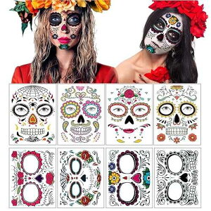 Temporary Face Tattoo, 8 Kits Tattoos Sugar Skull Stickers Day of The Dead Makeup, Face Tattoo Rose Design for Halloween, Masquerade and Parties Dream Loom Temporary Face Tattoo, 8 Kits Tattoos Sugar Skull Stickers Da