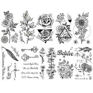 CARGEN Black Realistic Temporary Tattoos - 10 Sheets Sexy Flowers Rose Sunflower Feather Key Words Believe Butterfly Moon Tattoos for Women Girls Makeup Fake Tattoo Great for Thighs Chest Shoulder