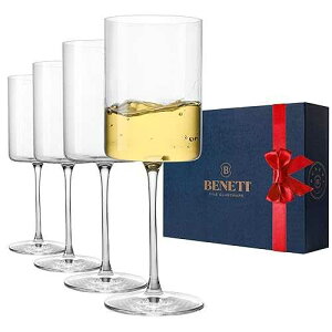 BENETI Square Crystal Wine Glasses Set Of 4 - European-made Handblown 14 oz Gift Packed Glasses - Large White & Red Wine Goblets W/Laser-cut Rim, Dishwasher-safe Clear glass gifts Set