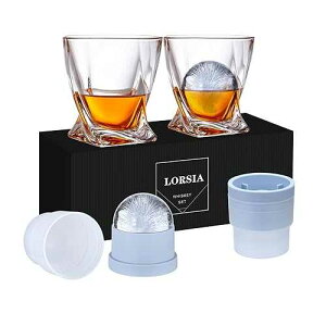 Whiskey Rocks Glass, Set of 4 (2 Crystal Bourbon Glasses, 2 Round Big Ice Ball Molds) In Gift Box - 11 Oz Old Fashioned Glasses for Scotch Cocktail Rum Cognac Vodka Liquor, Unique Gifts for Men LORSIA Whiskey Roc