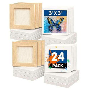 FIXSMITH 3x3 Inch Mini Stretched Canvas Easel Set- Bulk Pack of 12,Small Stretched White Blank Canvas Panels & Wood Easels for Painting Craft Drawing Decoration Gift Art Project DIY, Art Supplies