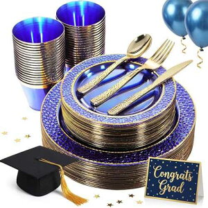 Nervure 150PCS Clear Blue Plastic Plates - Gold Party Plates - Blue and Gold Dinnerware Set Include: 50 Disposable Plate, 25Cups, 25Forks, 25Knives, 25Spoons for Wedding & Party & Hanukkah