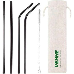 VEHHE Black Metal Straws Reusable Stainless Steel Straws with Cleaning Brush for 20/30 Oz for Yeti RTIC SIC Ozark Trail Tumblers (Black 2 Straight / 2 Bent / 1 Brush)