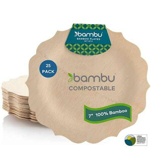 Bambu, Disposable Bamboo Fancy Plates 7 Inch, Organic, Biodegradable and Eco Friendly Flatware, Veneerware Party, Wedding, and Event Plates, Great for Any Occasion, 100% Natural - 7, Pack of 25