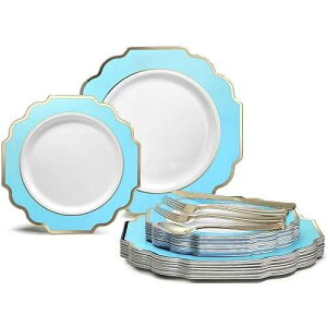 OCCASIONS FINEST PLASTIC TABLEWARE  OCCASIONS  150 Piece set (25 Guests)-Wedding Plastic Plates & cutlery -Disposable heavyweight Dinnerware 10.5'', 8''+Silverware w/double fork (Imperial Aqua/Gold))