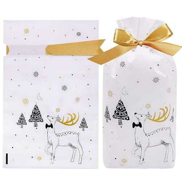 HRX Package 50pcs Christmas Treat Bags, 5.8x9x2.4 inch Drawstring Gift Bags Candy Bags Party Favor Bags for Goodies Cookies