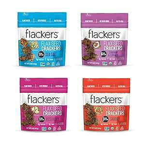 Flackers Organic Flax Seed Crackers Variety Pack, Sea Salt, Rosemary, Savory and Cinnamon, Gluten Free, Non-GMO, Vegan, Low Carb snacking, Pack of 4