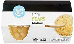 Amazon �u�����h - Happy Belly �t���[�c�{�E���A100% �W���[�X�̊p�؂藜�A4 �J�E���g�A4 �I���X�{�E�� Amazon Brand - Happy Belly Fruit Bowls, Diced Pears in 100% Juice ,4 Count, 4 Ounce Bowls
